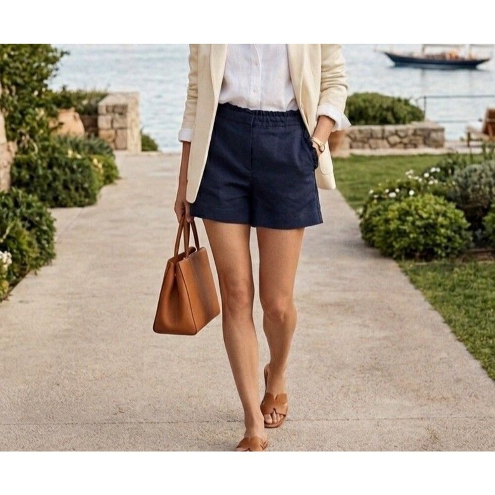 J Crew Womens 6 Navy Blue Linen Cotton Ruffle Waist Pockets Shorts H5622 Preppy
